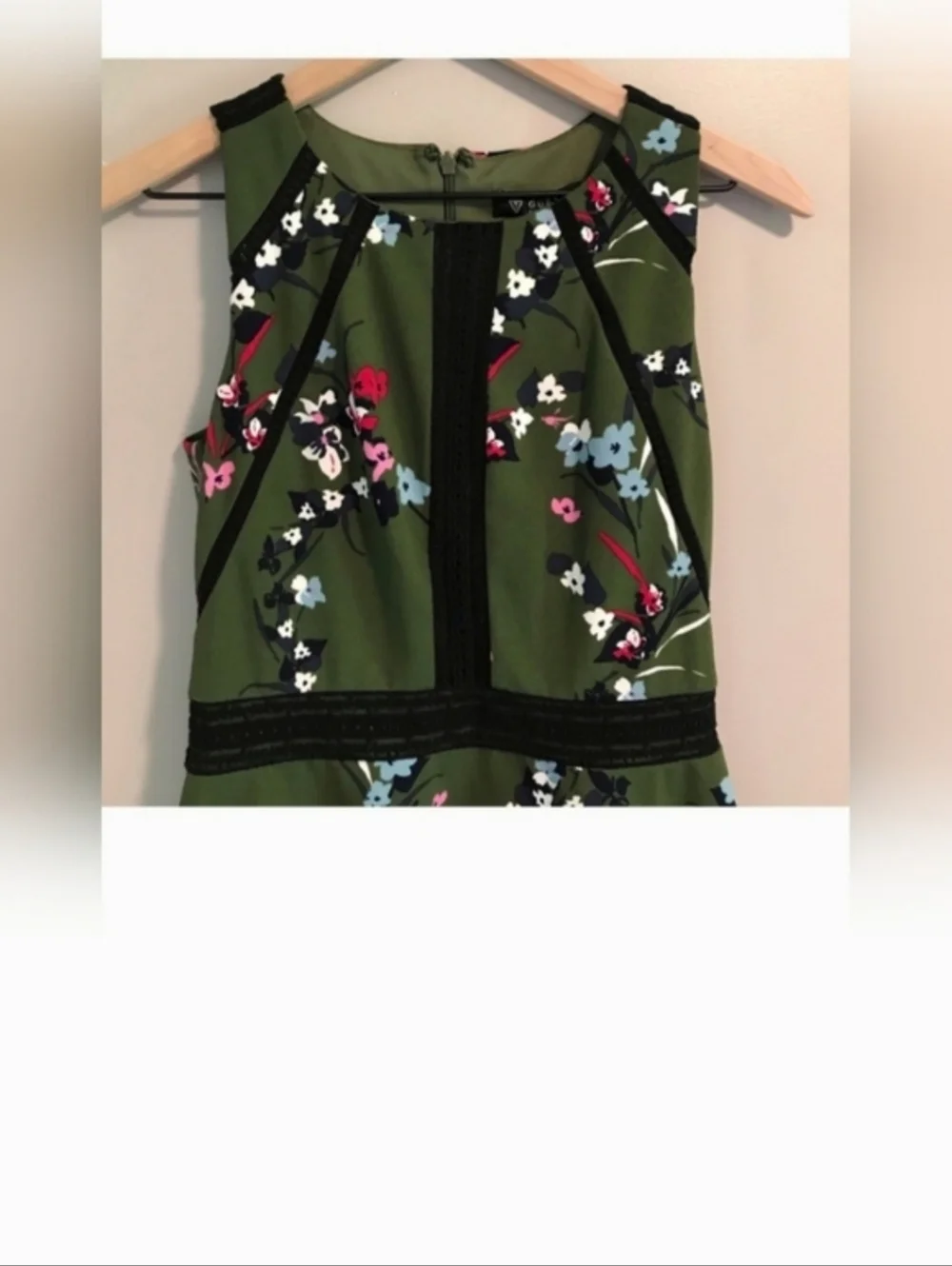 Guess Olive Green Floral Midi Dress with Black Trim - Picture 5 of 13